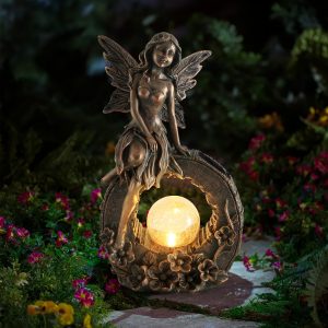 10.7 Inches Garden Outdoor Statue, Flower Fairy Decor, Solar Powered Resin Figurine, Light Sculpture For Yard Lawn Patio Balcony Decoration, Housewarming Gift