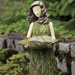 Rustic Forest Fairy Girl Bird Feeder, Outdoor Garden Statue, Resin Craft, Vintage Style, Lawn Ornament, 15cm, Green Woodland Decor