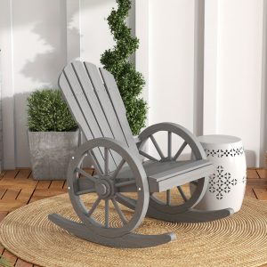 Outsunny Wooden Rocking Chair, Adirondack Rocker Chair wu002FSlatted Design and Oversized Back, Outdoor Rocking Chair with Wagon Wheel Armrest for Porch, Poolside, and Garden, Gray