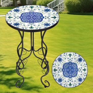 Mosaic Patio Table And Plant Stand, Outdoor Side Table For Patio With 14