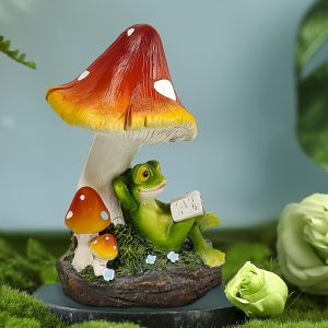 Solar Statue Mushroom Frog Reding Book Sculpture with LED Lights for Home Garden Patio Yard Decor