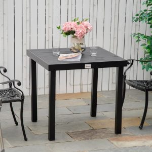 Outsunny Outdoor Dining Table , Patio Table, Aluminum Metal Legs for Garden, Lawn, Patio, Woodgrain Black