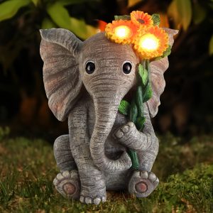 Outdoor Sculpture Figurine Statue, Elephant Decor, Solar Garden Statue For Patio Home Yard Decor, Good Luck Sunflower Elephant For Women, Mom Gift Halloween Christmas Gift