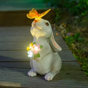 Outdoor Rabbit Statue Decoration with Solar-Powered Butterfly Light, Resin Art Deco Rabbit Figurine for Garden, Lawn, Patio, Yard Decor - Nature and Outdoors Theme, Mother's Day Gift, Floor Mount