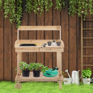 Outsunny 36'' Wooden Potting Bench Work Table with 2 Removable Wheels, Sink, Drawer & Large Storage Spaces, Natural